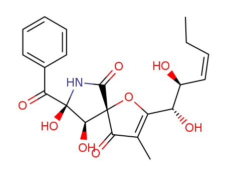 Molecular Structure of 149883-42-1 (1-Oxa-7-azaspiro[4.4]non-2-ene-4,6-dione,8-benzoyl-2-[(1S,2S,3Z)-1,2-dihydroxy-3-hexen-1-yl]-8,9-dihydroxy-3-methyl-,(5S,8S,9R)-)