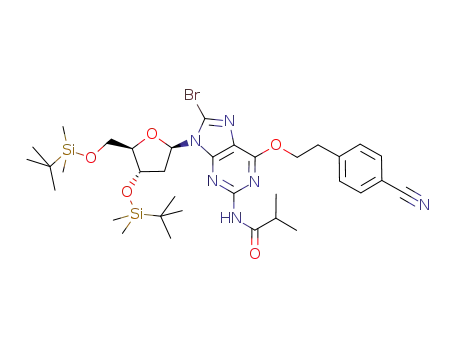 Molecular Structure of 444594-33-6 (N<sup>2</sup>-i-butyryl-O<sup>6</sup>-(4-cyanophenyl)ethyl-8-bromo-3',5'-bis-(tert-butyldimethylsilyl)-2'-deoxyguanosine)