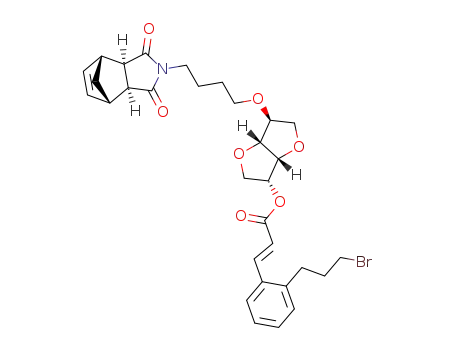 Molecular Structure of 385806-12-2 ((E)-3-[2-(3-Bromo-propyl)-phenyl]-acrylic acid (3R,3aR,6S,6aR)-6-[4-((1R,2R,6S,7S)-3,5-dioxo-4-aza-tricyclo[5.2.1.0<sup>2,6</sup>]dec-8-en-4-yl)-butoxy]-hexahydro-furo[3,2-b]furan-3-yl ester)