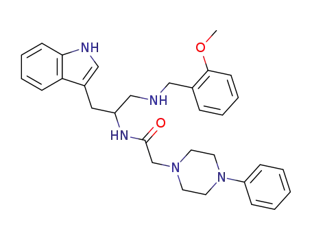 Molecular Structure of 170566-37-7 (1-Piperazineacetamide,
N-[2-(1H-indol-3-yl)-1-[[[(2-methoxyphenyl)methyl]amino]methyl]ethyl]-4-
phenyl-)