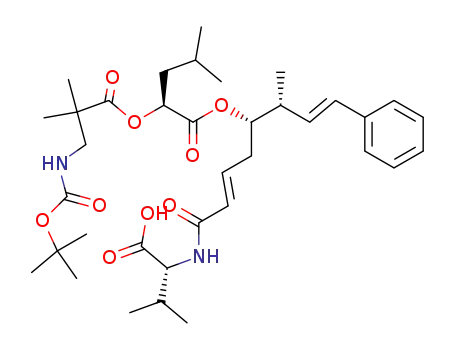 Molecular Structure of 240428-49-3 (N-<(1,1-dimethylethoxy)carbonyl>-2,2-dimethyl-β-alanyl-(2S)-2-hydroxy-4-(methylpentanoyl)-(2E,5S,6R,7E)-5-hydroxy-6-methyl-8-phenyl-2,7-octadienoyl-D-valine)
