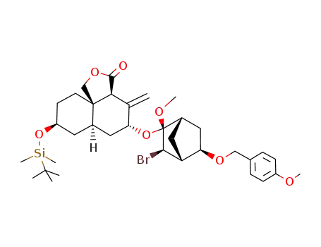 Molecular Structure of 615249-03-1 ((3aR,5R,6aS,8S,10aR)-5-[(1S,2R,3R,4R,5R)-3-Bromo-2-methoxy-5-(4-methoxy-benzyloxy)-bicyclo[2.2.1]hept-2-yloxy]-8-(tert-butyl-dimethyl-silanyloxy)-4-methylene-octahydro-2-oxa-cyclopenta[d]naphthalen-3-one)