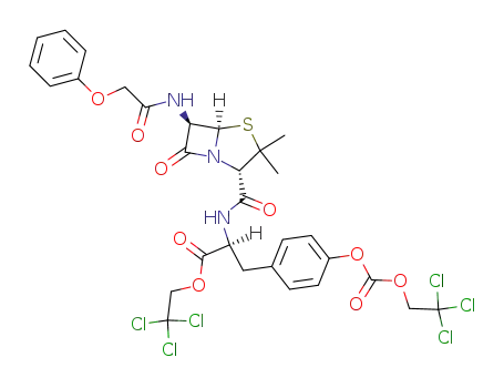 Molecular Structure of 113322-11-5 ((S)-2-{[(2S,5R,6R)-3,3-Dimethyl-7-oxo-6-(2-phenoxy-acetylamino)-4-thia-1-aza-bicyclo[3.2.0]heptane-2-carbonyl]-amino}-3-[4-(2,2,2-trichloro-ethoxycarbonyloxy)-phenyl]-propionic acid 2,2,2-trichloro-ethyl ester)