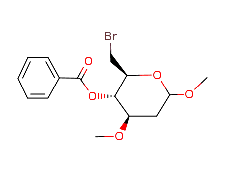 Molecular Structure of 674769-31-4 (Benzoic acid (2S,3S,4R)-2-bromomethyl-4,6-dimethoxy-tetrahydro-pyran-3-yl ester)