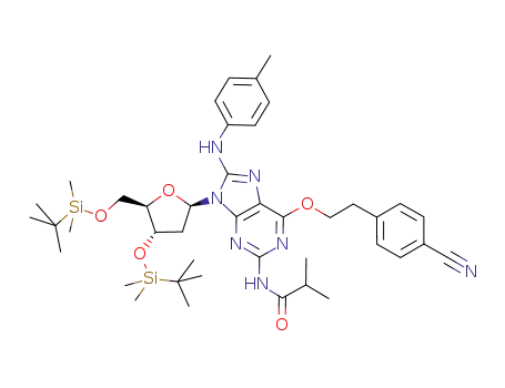 Molecular Structure of 444594-40-5 (<i>N</i>-{9-[4-(<i>tert</i>-butyl-dimethyl-silanyloxy)-5-(<i>tert</i>-butyl-dimethyl-silanyloxymethyl)-tetrahydro-furan-2-yl]-6-[2-(4-cyano-phenyl)-ethoxy]-8-<i>p</i>-tolylamino-9<i>H</i>-purin-2-yl}-isobutyramide)