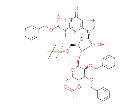 Acetic acid (2S,3R,4R,5S,6S)-4,5-bis-benzyloxy-6-[(2R,3S,4R,5R)-5-(2-benzyloxycarbonylamino-6-oxo-1,6-dihydro-purin-9-yl)-2-(tert-butyl-dimethyl-silanyloxymethyl)-4-hydroxy-tetrahydro-furan-3-yloxy]-2-methyl-tetrahydro-pyran-3-yl ester