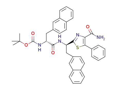 Molecular Structure of 181647-34-7 (((1R)-1-((1R)-1-(4-carbamoyl-5-phenyl-1,3-thiazole-2-yl)-2-(2-naphthyl)ethylcarbamoyl)-2-(2-naphthyl)ethyl)carbamic acid tert-butyl ester)