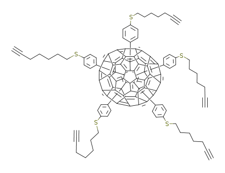 Molecular Structure of 959417-35-7 (6,9,12,15,18-penta[4-(hept-6-ynylsulfanyl)phenyl]-1,6,9,12,15,18-hexahydro(C<sub>60</sub>)[5,6]fullerene)