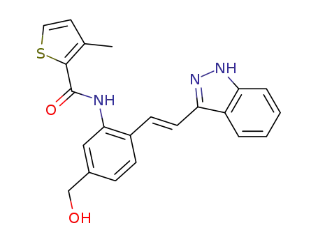 Molecular Structure of 904897-87-6 (2-Thiophenecarboxamide,
N-[5-(hydroxymethyl)-2-[(1E)-2-(1H-indazol-3-yl)ethenyl]phenyl]-3-methyl
-)