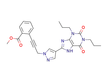 Molecular Structure of 1188540-92-2 (2-{3-[4-(2,6-dioxo-1,3-dipropyl-2,3,6,7-tetrahydro-1H-purin-8-yl)pyrazol-1-yl]prop-1-ynyl}benzoic acid methyl ester)