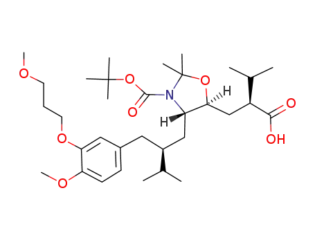 Molecular Structure of 172900-88-8 (5-Oxazolidinepropanoic acid, 3-[(1,1-diMethylethoxy)carbonyl]-4-[(2S)-2-[[4-Methoxy-3-(3-Methoxypropoxy)phenyl]Methyl]-3-Methylbutyl]-2,2-diMethyl-α-(1-Methylethyl)-, (αS,4S,5S)-)