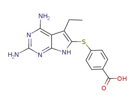 Molecular Structure of 945452-29-9 (4-[(2,4-diamino-5-ethyl-7H-pyrrolo[2,3-d]pyrimidin-6-yl)sulfanyl]benzoic acid)