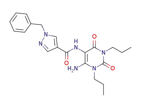 Molecular Structure of 873841-00-0 (1H-Pyrazole-4-carboxamide,  N-(6-amino-1,2,3,4-tetrahydro-2,4-dioxo-1,3-dipropyl-5-pyrimidinyl)-1-(phenylmethyl)-)