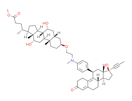 Molecular Structure of 639520-78-8 (methyl (3β,5β,7α,12α)-7,12-dihydroxy-3-{2-[{4-[(11β,17α)-17-hydroxy-3-oxo-17-prop-1-ynylestra-4,9-dien-11-yl]phenyl}(methyl)amino]ethoxy}cholan-24-oate)