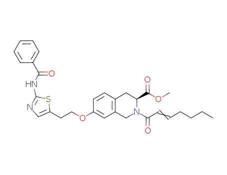 Molecular Structure of 477534-15-9 (3-Isoquinolinecarboxylic acid,
7-[2-[2-(benzoylamino)-5-thiazolyl]ethoxy]-1,2,3,4-tetrahydro-2-(1-oxo-2-
heptenyl)-, methyl ester, (3S)-)