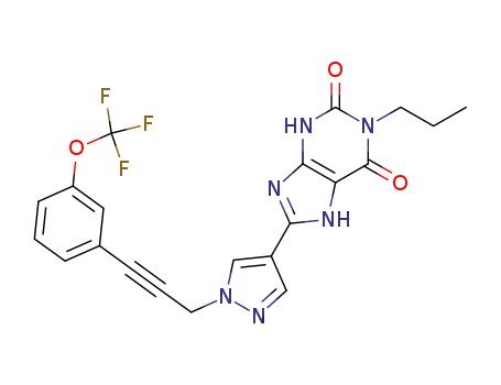 Molecular Structure of 1188541-67-4 (1-propyl-8-{1-[3-(3-trifluoromethoxyphenyl)prop-2-ynyl]-1H-pyrazol-4-yl}-3,7-dihydropurine-2,6-dione)