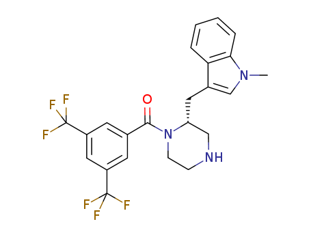 Molecular Structure of 169458-95-1 (Piperazine,
1-[3,5-bis(trifluoromethyl)benzoyl]-2-[(1-methyl-1H-indol-3-yl)methyl]-,
(2R)-)