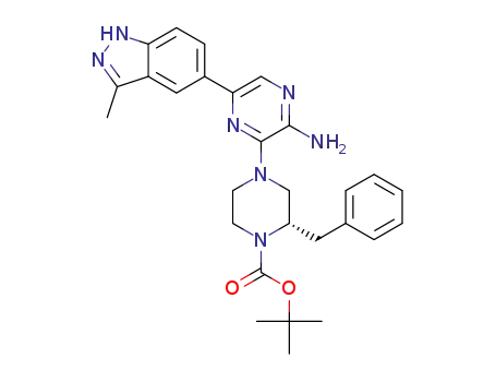 Molecular Structure of 956006-06-7 (2-amino-3-[(S)-4-Boc-3-benzylpiperazinyl]-5-(3-methyl-1H-indazol-5-yl)pyrazine)
