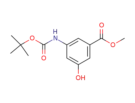Molecular Structure of 141311-38-8 (Benzoic acid, 3-[[(1,1-dimethylethoxy)carbonyl]amino]-5-hydroxy-,
methyl ester)