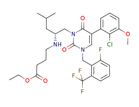 Molecular Structure of 832720-88-4 (Butanoic acid,
4-[[(1R)-1-[[5-(2-chloro-3-methoxyphenyl)-3-[[2-fluoro-6-(trifluoromethyl)
phenyl]methyl]-3,6-dihydro-2,6-dioxo-1(2H)-pyrimidinyl]methyl]-3-methyl
butyl]amino]-, ethyl ester)