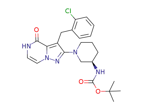 Molecular Structure of 847492-90-4 (Carbamic acid,
[(3R)-1-[3-[(2-chlorophenyl)methyl]-4,5-dihydro-4-oxopyrazolo[1,5-a]pyr
azin-2-yl]-3-piperidinyl]-, 1,1-dimethylethyl ester)