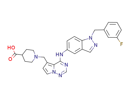 Molecular Structure of 529509-43-1 (1-{4-[1-(3-fluoro-benzyl)-1H-indazol-5-ylamino]-pyrrolo[2,1-f][1,2,4]triazin-5-ylmethyl}-piperidine-4-carboxylic acid)