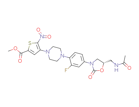 Molecular Structure of 864075-32-1 ((S)-N-{[3-(3-fluoro-4-{4-[5-(carboxymethyl)-2-nitro-thiophen-3-yl]-piperazin-1-yl}phenyl)-2-oxo-oxazolidin-5-yl]methyl}acetamide)