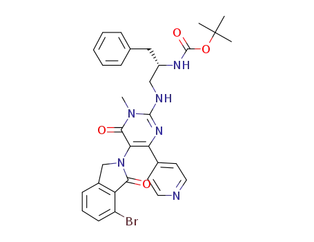 Molecular Structure of 831231-93-7 (Carbamic acid,
[(1S)-1-[[[5-(7-bromo-1,3-dihydro-1-oxo-2H-isoindol-2-yl)-1,6-dihydro-1
-methyl-6-oxo-4-(4-pyridinyl)-2-pyrimidinyl]amino]methyl]-2-phenylethyl]-,
1,1-dimethylethyl ester)
