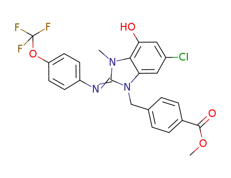 Molecular Structure of 859877-54-6 (Benzoic acid,
4-[[6-chloro-2,3-dihydro-4-hydroxy-3-methyl-2-[[4-(trifluoromethoxy)phen
yl]imino]-1H-benzimidazol-1-yl]methyl]-, methyl ester)