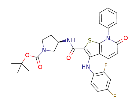 Molecular Structure of 816464-41-2 (tert-butyl (3R)-3-[({3-[(2,4-difluorophenyl)amino]-6-oxo-7-phenyl-6,7-dihydrothieno[2,3-b]pyridin-2-yl}carbonyl)amino]pyrrolidine-1-carboxylate)
