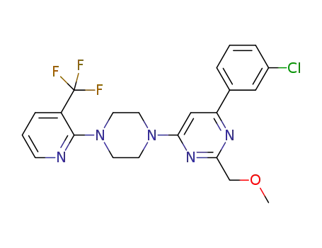 Molecular Structure of 833463-32-4 (Pyrimidine,
4-(3-chlorophenyl)-2-(methoxymethyl)-6-[4-[3-(trifluoromethyl)-2-pyridinyl
]-1-piperazinyl]-)