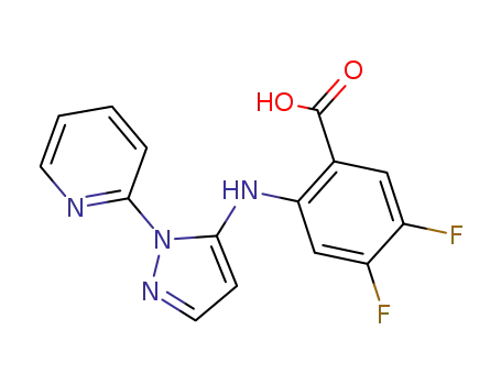 Molecular Structure of 364728-10-9 (4,5-difluoro-2-[[1-(2-pyridinyl)-1H-pyrazol-5-yl]amino]benzoic acid)