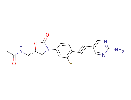 Molecular Structure of 402960-39-8 (Acetamide,
N-[[(5S)-3-[4-[(2-amino-5-pyrimidinyl)ethynyl]-3-fluorophenyl]-2-oxo-5-ox
azolidinyl]methyl]-)