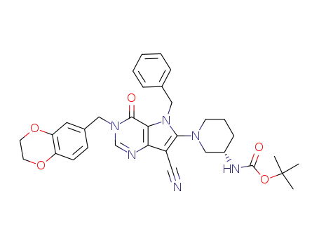 Molecular Structure of 1228189-80-7 ([(S)-1-(5-benzyl-7-cyano-3-(2,3-dihydro-benzo[1,4]dioxin-6-ylmethyl)-4-oxo-4,5-dihydro-3H-pyrrolo[3,2-d]pyrimidin-6-yl)-piperidin-3-yl]-carbamic acid tert-butyl ester)