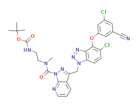 Molecular Structure of 1034474-46-8 (tert-butyl {2-[[(3-{[5-chloro-4-(3-chloro-5-cyanophenoxy)-1H-1,2,3-benzotriazol-1-yl]methyl}-1H-pyrazolo[3,4-b]pyridin-1-yl)carbonyl](methyl)amino]ethyl}carbamate)