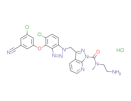 Molecular Structure of 1034474-24-2 (2-[[(3-{[5-chloro-4-(3-chloro-5-cyanophenoxy)-1H-1,2,3-benzotriazol-1-yl]methyl}-1H-pyrazolo[3,4-b]pyridin-1-yl)carbonyl](methyl)amino]ethanaminium chloride)
