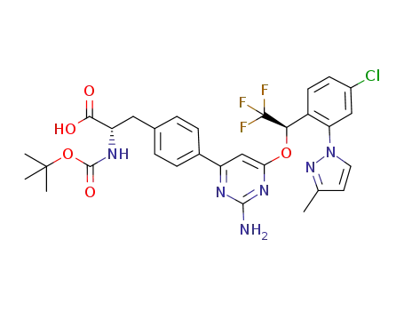 Molecular Structure of 1033805-27-4 ((S)-3-(4-(2-amino-6-((R)-1-(4-chloro-2-(3-methyl-1H-pyrazol-1-yl)phenyl)-2,2,2-trifluoroethoxy)pyrimidin-4-yl)phenyl)-2-(tert-butoxycarbonyl)propanoic acid)