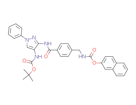 Molecular Structure of 936755-48-5 (2-naphthyl {4-[({4-[(tert-butoxycarbonyl)amino]-1-phenyl-1H-pyrazol-3-yl}amino)carbonyl]benzyl}carbamate)