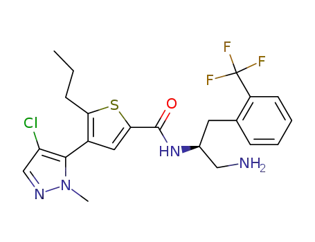 Molecular Structure of 1047627-36-0 (N-((1S)-2-amino-1-{[2-(trifluoromethyl)phenyl]methyl}ethyl)-4-(4-chloro-1-methyl-1H-pyrazol-5-yl)-5-propyl-2-thiophenecarboxamide)