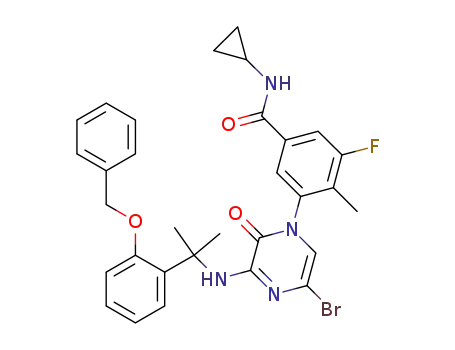 Molecular Structure of 1095005-87-0 (3-[5-bromo-3-[[1-methyl-1-[2-(phenylmethoxy)phenyl]ethyl]amino]-2-oxo-1(2H)-pyrazinyl]-N-cyclopropyl-5-fluoro-4-methyl-benzamide)