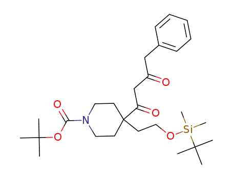 Molecular Structure of 849203-88-9 (1-Piperidinecarboxylic acid,
4-[2-[[(1,1-dimethylethyl)dimethylsilyl]oxy]ethyl]-4-(1,3-dioxo-4-phenylbut
yl)-, 1,1-dimethylethyl ester)