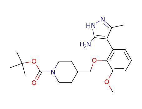 Molecular Structure of 838855-92-8 (tert-butyl 4-((2-(5-amino-3-methyl-1H-pyrazol-4-yl)-6-methoxyphenoxy)methyl)piperidine-1-carboxylate)