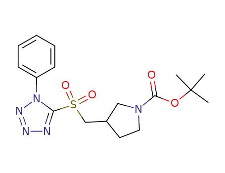 Molecular Structure of 1163127-87-4 ((RS)-3-(1-phenyl-1H-tetrazole-5-sulfonylmethyl)-pyrrolidine-1-carboxylic acid tert-butyl ester)