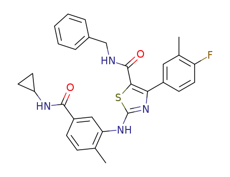 Molecular Structure of 808738-20-7 (2-(5-Cyclopropylcarbamoyl-2-methyl-phenylamino)-4-(4-fluoro-3-methyl-phenyl)-thiazole-5-carboxylic acid benzylamide)