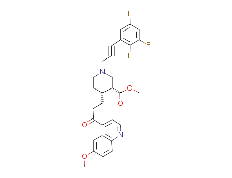 Molecular Structure of 651320-91-1 (3-Piperidinecarboxylic acid,
4-[3-(6-methoxy-4-quinolinyl)-3-oxopropyl]-1-[3-(2,3,5-trifluorophenyl)-2-
propynyl]-, methyl ester, (3R,4R)-)