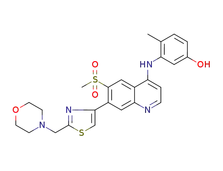 Molecular Structure of 955879-81-9 (Phenol, 4-methyl-3-[[6-(methylsulfonyl)-7-[2-(4-morpholinylmethyl)-4-thiazolyl]-4-quinolinyl]amino]-)