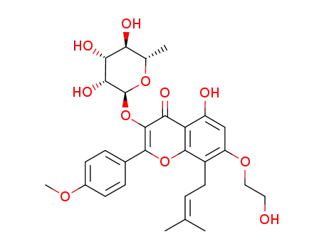 Molecular Structure of 827320-51-4 (5-hydroxy-7-(2-hydroxyethoxy)-2-(4-methoxyphenyl)-8-(3-methylbut-2-en-1-yl)-3-(((2S,3R,4R,5R,6S)-3,4,5-trihydroxy-6-methyltetrahydro-2H-pyran-2-yl)oxy)-4H-chromene-4-one)