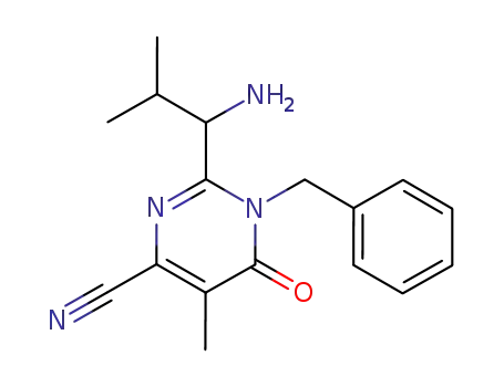 Molecular Structure of 851635-09-1 (2-(1-amino-2-methylpropyl)-5-methyl-6-oxo-1-(phenylmethyl)-1,6-dihydro-4-pyrimidinecarbonitrile)