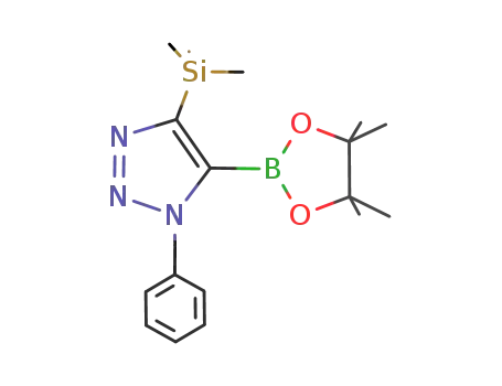 Molecular Structure of 1130489-19-8 (1-Benzyl-5-(4,4,5,5-tetramethyl-1,3,2-dioxaborolan-2-yl)-4-(trimethylsilyl)-1H-1,2,3-triazole)