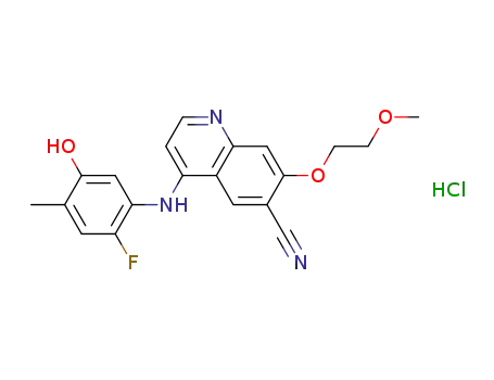 Molecular Structure of 205447-27-4 (6-cyano-4-(2-fluoro-5-hydroxy-4-methylanilino)-7-(2-methoxyethoxy)quinoline hydrochloride)
